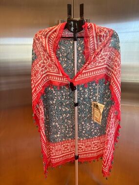 Pinkish Red and Blue Printed Women's Scarf Wrap - Lightweight Boho Style